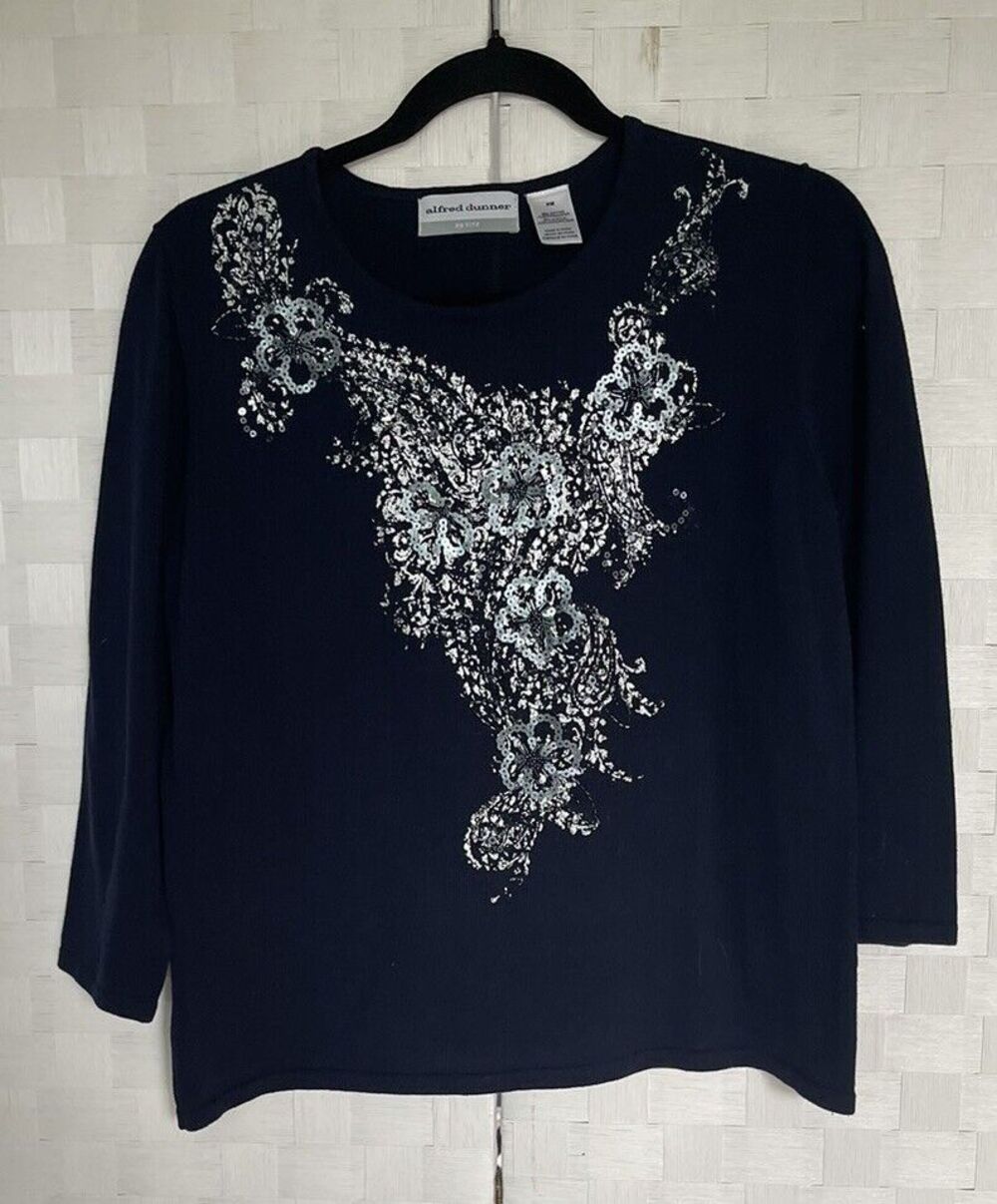 Alfred Dunner Women’s 3/4 Sleeve Embellished Sweater Blue Size Petite Medium